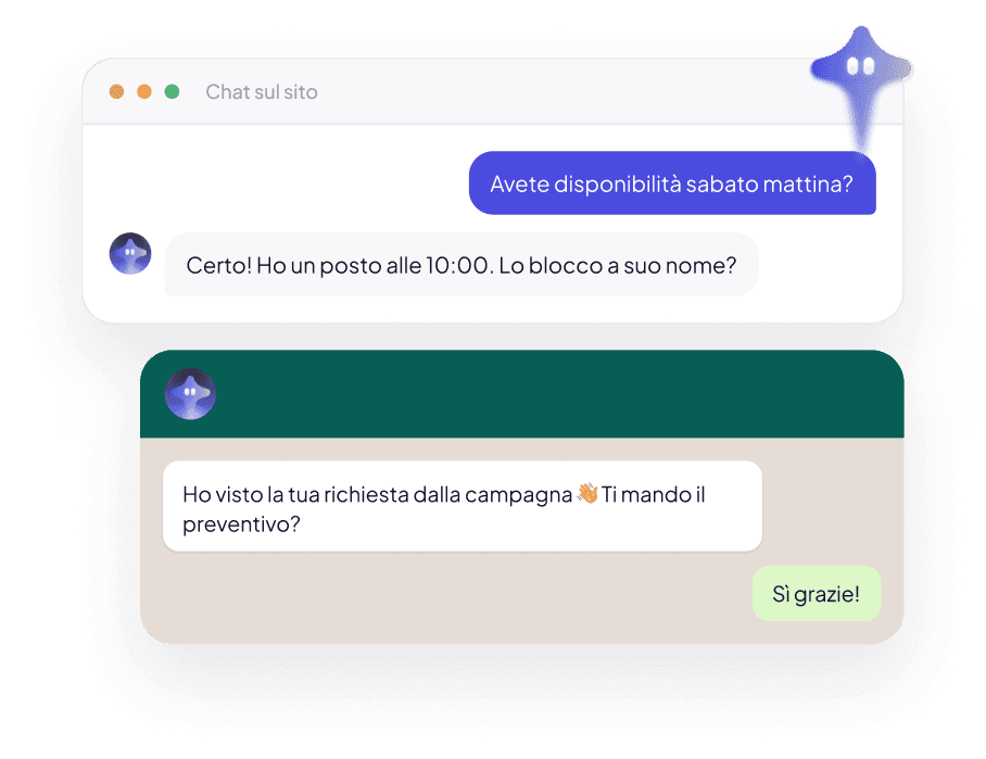 Esempio di conversazione con Nebula AI su sito web e WhatsApp