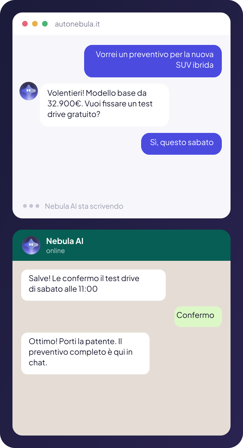 Conversazione Nebula AI per un preventivo in concessionaria