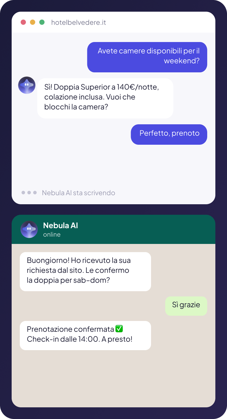 Conversazione Nebula AI per la prenotazione di una camera d'hotel