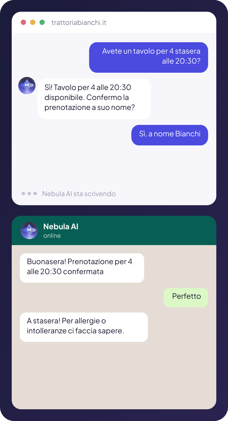 Conversazione Nebula AI per la prenotazione di un tavolo al ristorante
